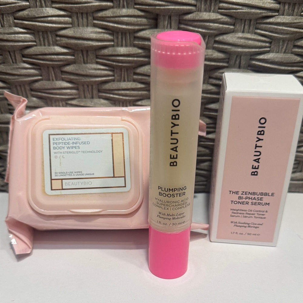 BeautyBio Plumping Booster, toner serum and body wipes